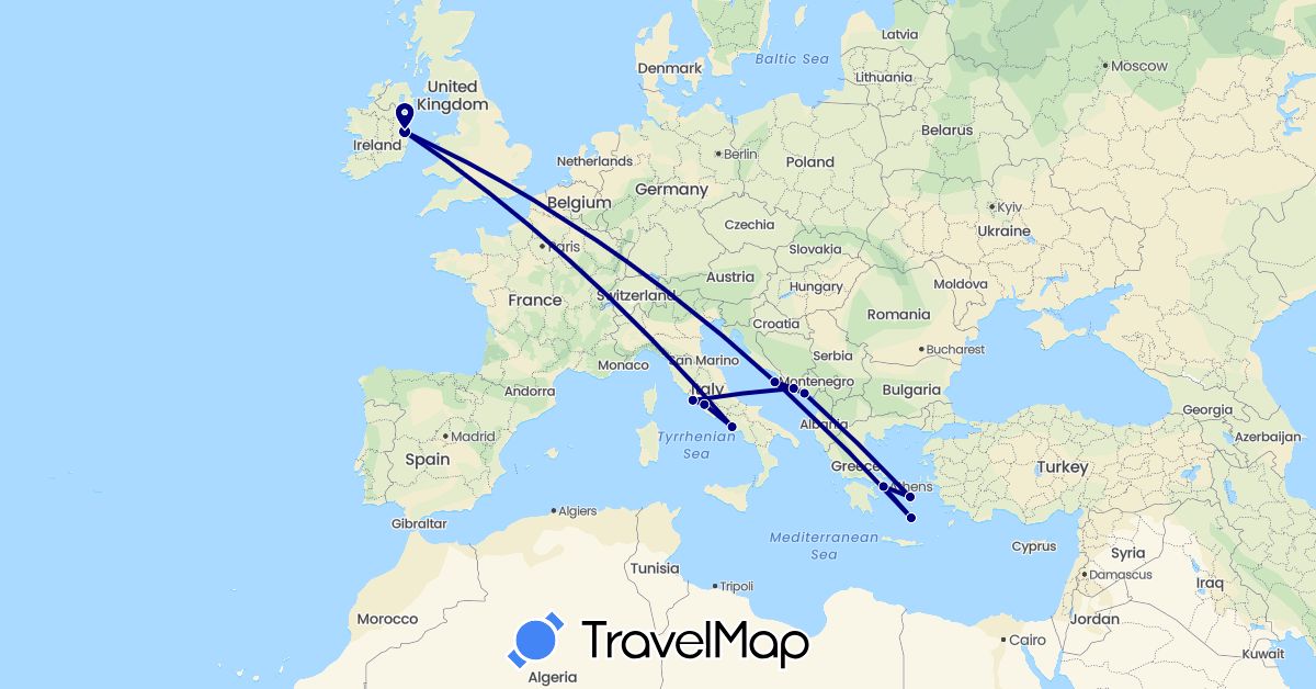 TravelMap itinerary: driving in Greece, Croatia, Ireland, Italy, Montenegro (Europe)